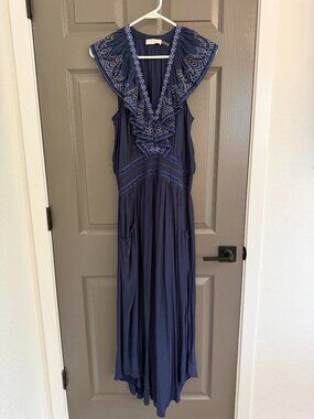 Ramy Brook Camden Embroidered Ruffle Maxi Dress Navy Size L